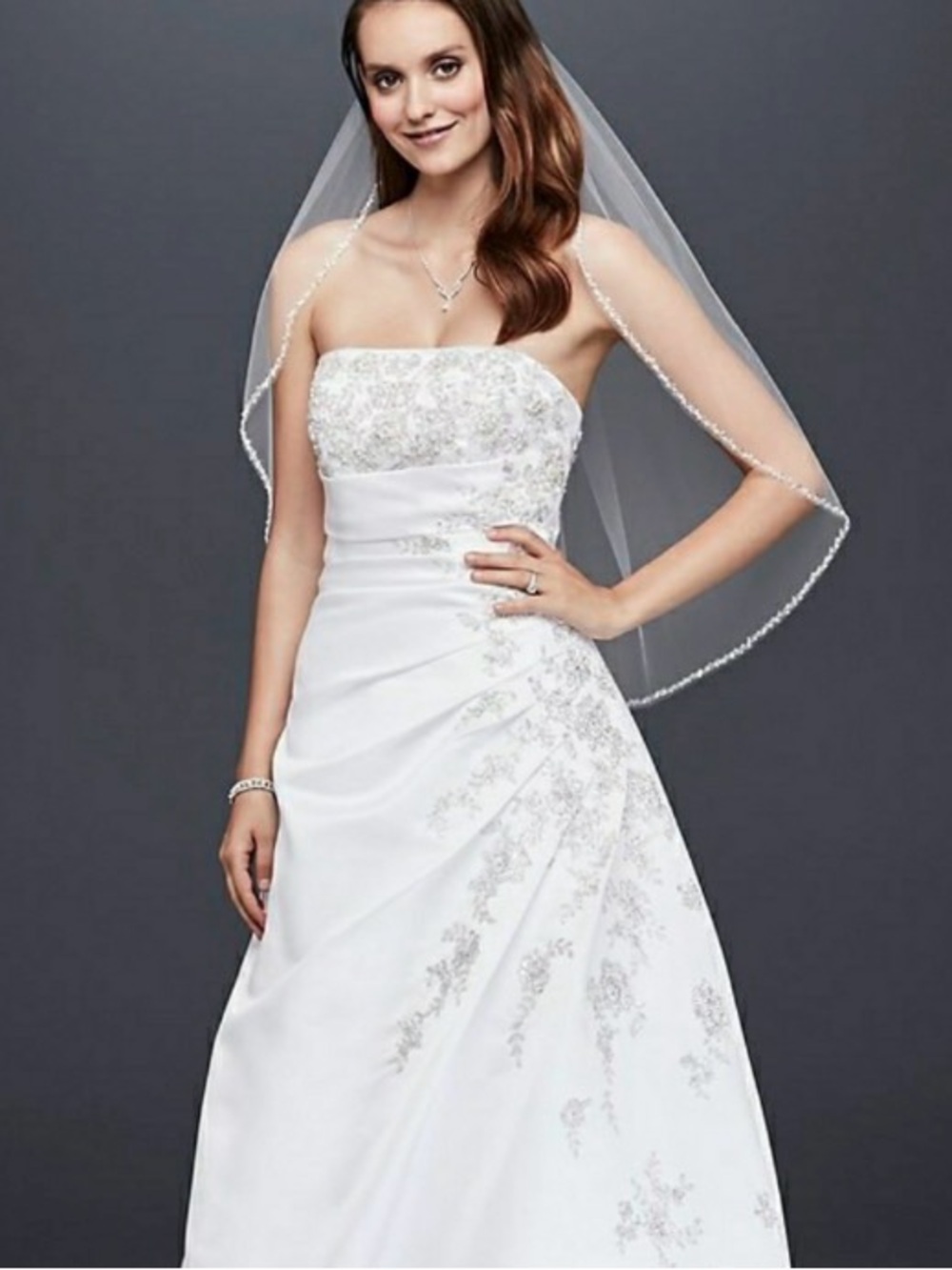 David's Bridal White Strapless Beaded A-Line Wedding Gown
